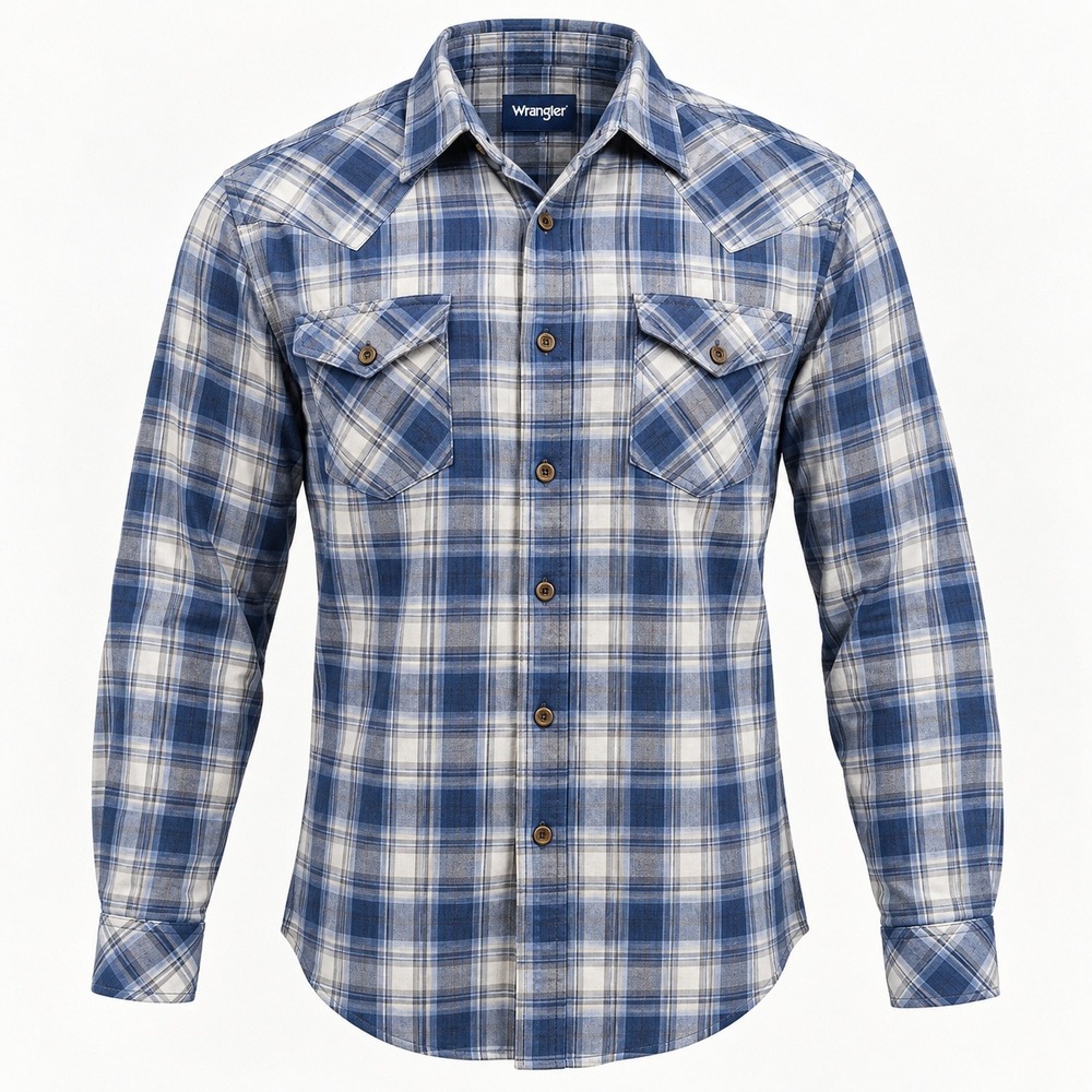 Wrangler Western Plaid Shirt Men's Large Blue Pearl Snap Cowboy Ranch Workwear